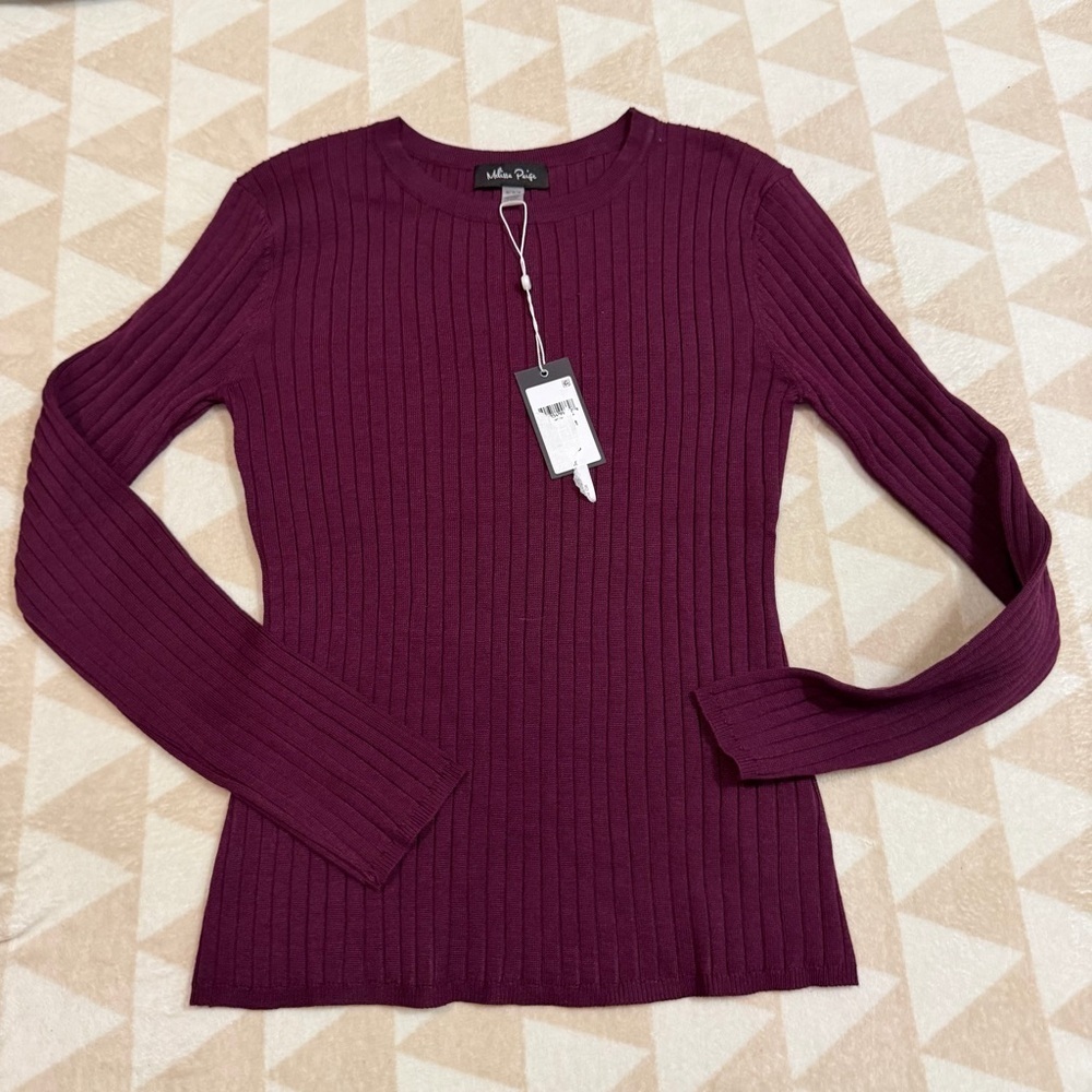 Melissa Paige burgundy ribbed crewneck sweater comfort stretch